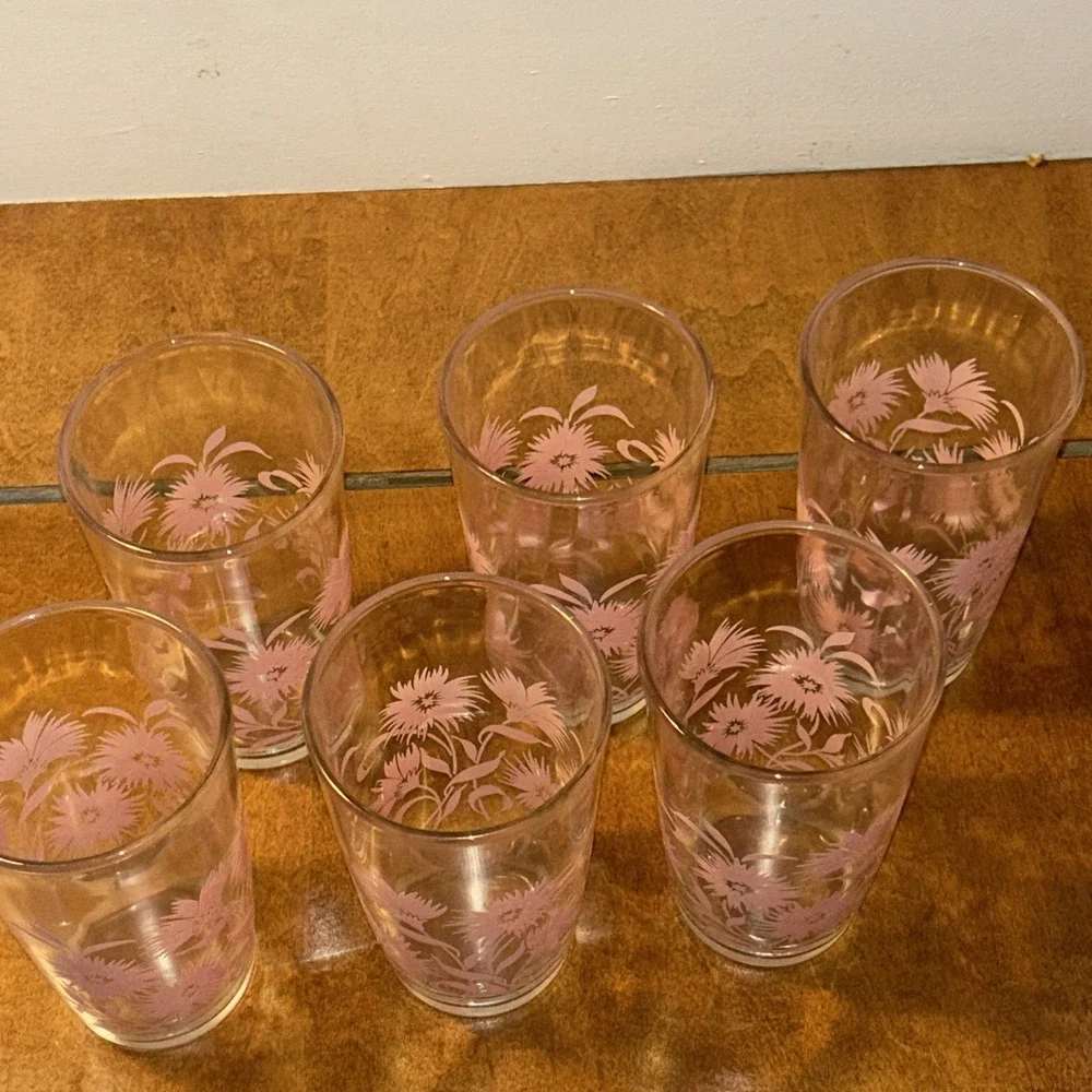 Hazel Atlas Tumbler: Mid Century Pink Flower Glassware Set Of 6